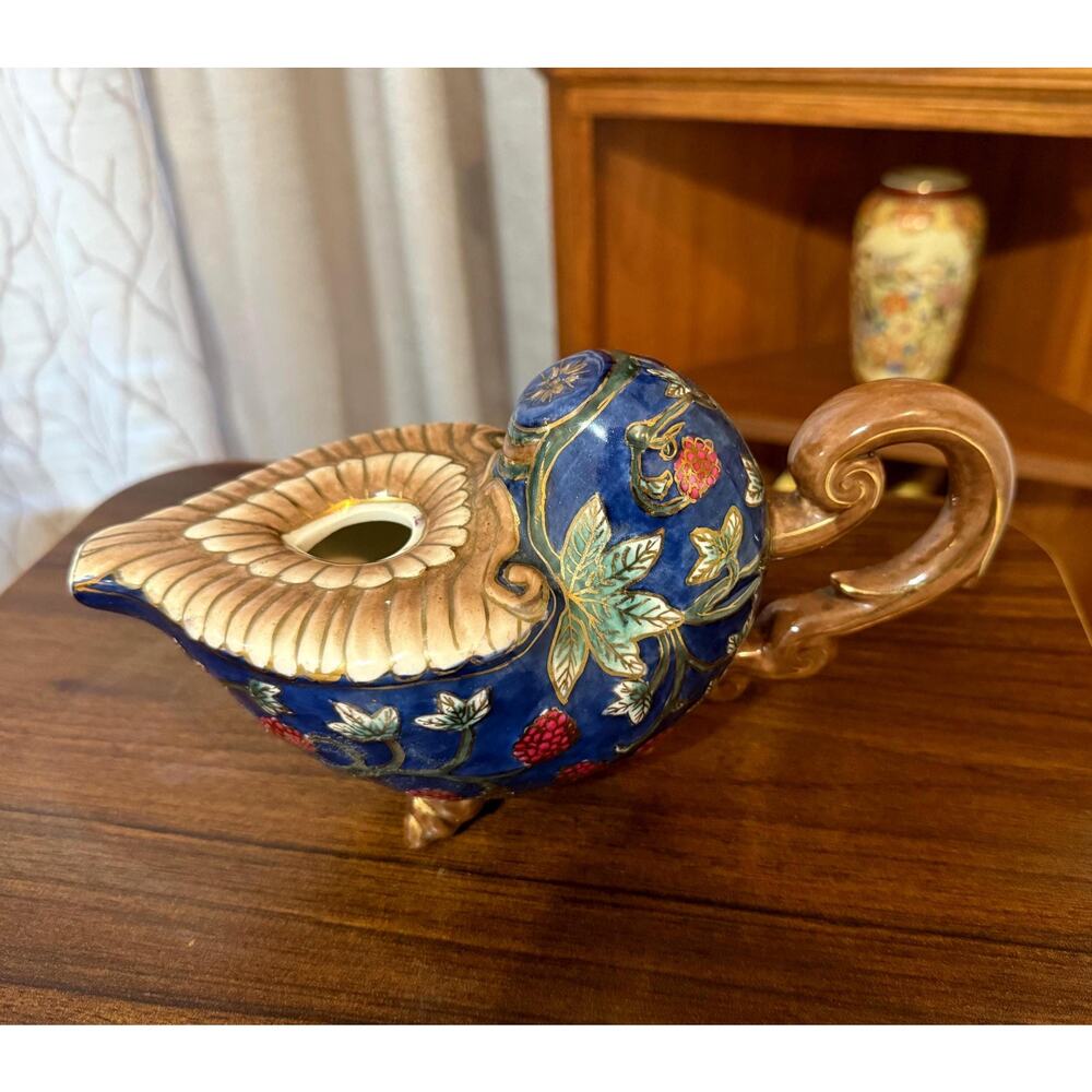 Vintage Oriental Accent Blue Ceramic Decorative Teapot Berry Vine Footed Teapot